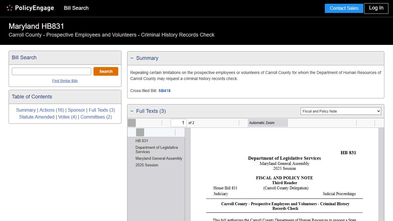 HB831 | Maryland 2025 | Carroll County - Prospective Employees and Volunteers - Criminal History Records Check - Legislative Tracking | PolicyEngage